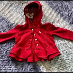 Lightweight red hood button up jacket with white polo horse